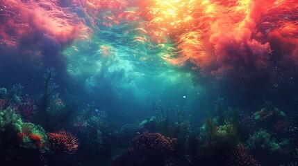 Fototapeta premium A terrifyingly beautiful underwater scene where the coral reef is consumed by an acidic neon-green and orange haze.