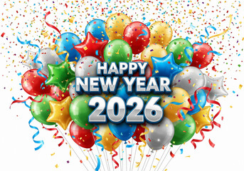 Happy New Year 2026 celebration background with a burst of colorful balloons, confetti, and streamers. A fun and festive vector illustration for a holiday party on a white background