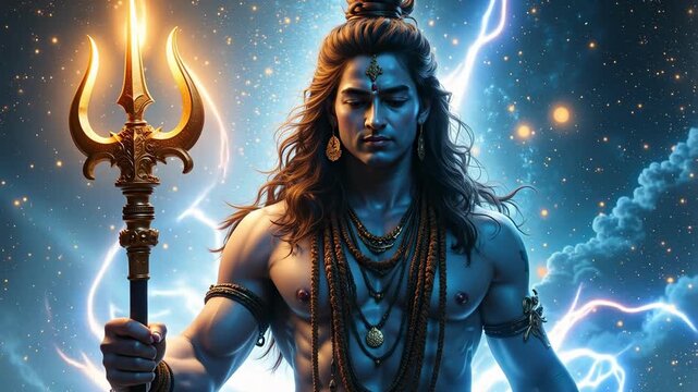 Dynamic Lord Shiva Illustration with Glowing Particles and Celestial Energy for Powerful Divine 4K Video Footage Projects