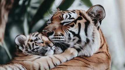 Obraz premium Tender Embrace: Mother Tiger and Cub in Peaceful Slumber, Close-Up Portrait