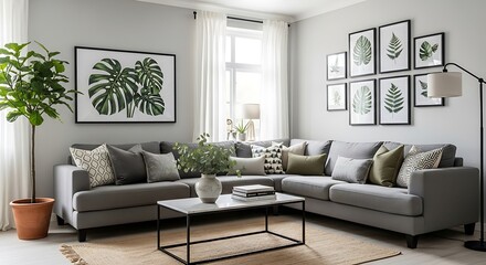 A gray sectional sofa with various framed leaf prints adorns a modern living room with a neutral color palette and natural elements.