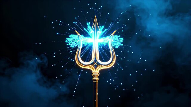 Golden glowing trident trishul emerges from mystic blue smoke, symbolizing power and ancient myth