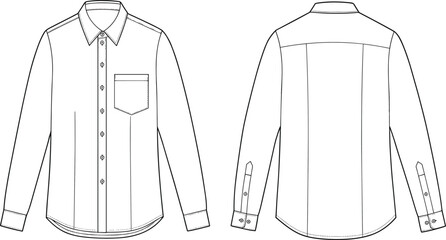 Long sleeve button-up shirt front and back technical sketch, pocket detail, cuff placket design, cad drawing flat vector illustration
