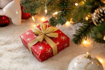 Festive christmas gift box with bow under decorated tree on soft rug