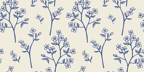 Blooming vintage sketch floral branch seamless pattern, blossoms natural spring theme, botanical print. Hand drawn vector isolated illustration © pim