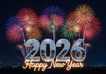 Happy New Year 2026 card with 3D metallic numbers reflecting a cityscape and glowing script text over a background of a night city skyline and a spectacular fireworks show