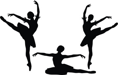 Silhouettes of Three Ballerinas in Elegant Ballet Poses, Dancing, Leaping, and Stretching, Isolated on White Background
