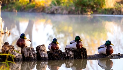 Ducks resting on logs in a calm river