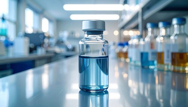 Clear vial of liquid on a lab bench.  Blurry lab background