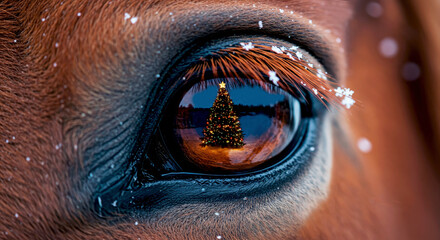 A red horse waves its eyelashes while looking at a festive Christmas tree in a winter forest. Festive Christmas concept