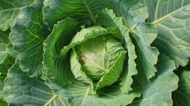 Overhead shot of a green cabbage head with detailed leaves and veiny textures, close-up
