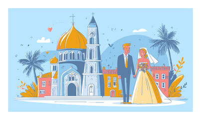 Fototapeta premium Cartoon Vector Illustration of Happy Wedding Couple with Building Background