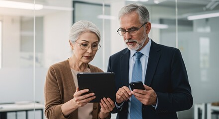 Two senior business professionals, a man and a woman, are intently discussing information on a digital tablet while holding a smartphone in a bright, modern office.