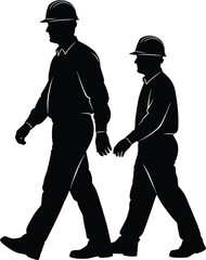 Silhouettes of Two Workers Walking, Wearing Hard Hats, Construction or Industrial Job, Isolated on White Background