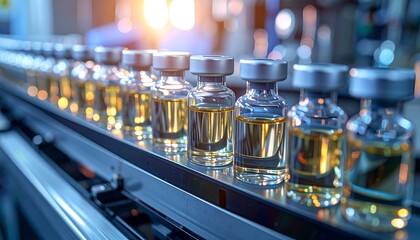 Clear vials of liquid on a conveyor belt in a modern factory