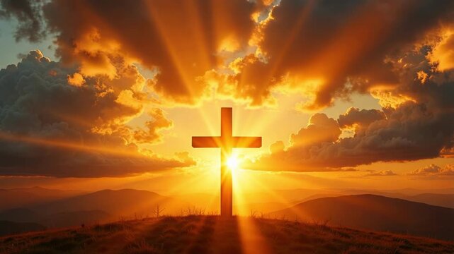 Stunning Cross Silhouette Against Dramatic Sunset Sky, Spiritual Light Emanating Through Orange Clouds in 4K Video, Inspiring Hope and Faith