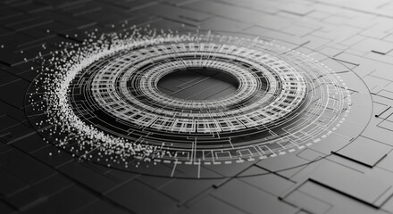 Abstract grayscale image of a circular technological design on a dark surface, suggesting innovation, progress, and digital technology