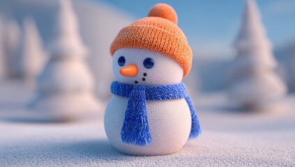 A charming, small snowman stands out against a snowy, wintery scene, adorned with an orange knitted hat and a blue scarf, evoking a peaceful holiday mood.