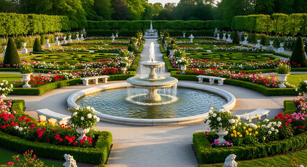 Beautiful formal garden with a circular fountain, manicured hedges, and vibrant flower beds under a clear blue sky