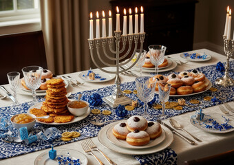 - Hanukkah table setting with menorah centerpiece in blue and white