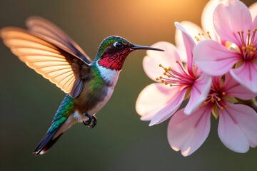 Colorful Hummingbird Hovering Near Pink Flowers in Natural Habitat