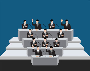 Voter in suit hand up and arm cross for election and hand vote in meeting room on background