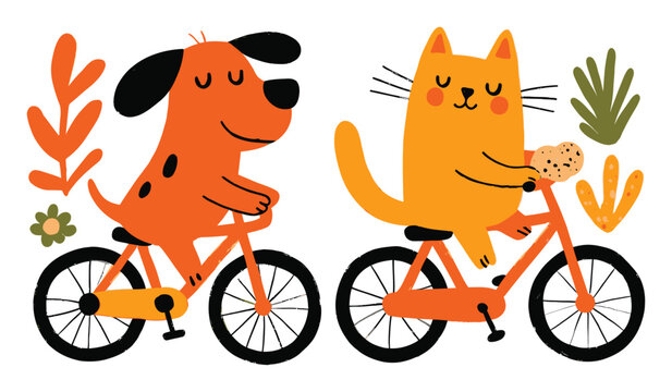 Cartoon Dog and Cat Riding Bicycles with Playful Elements and Vegetation