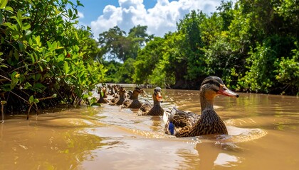 Ducks swimming in a shallow river