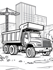 Construction Vehicle Monochrome Illustration: A detailed monochrome illustration of a robust construction vehicle, standing prominently at a construction site.