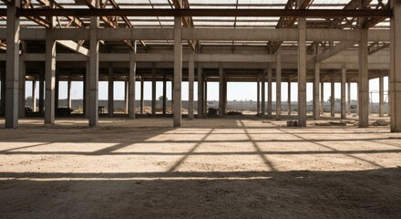 Fototapeta premium Empty, sunlit interior of a large unfinished concrete structure