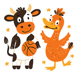 Obraz premium Cheerful Cartoon Characters Playing Basketball with Stars Background