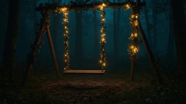 Magical Forest Swing Illuminated by Twinkling Fairy Lights at Night.