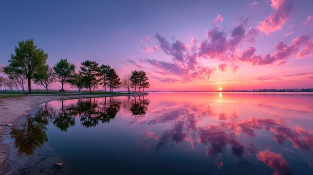 Reflective Lake at Colorful Sunset with Pink Clouds and Trees Silhouetted on Shoreline Offering Serene Landscape with Vibrant Skies and Tranquil Water - Powered by Adobe