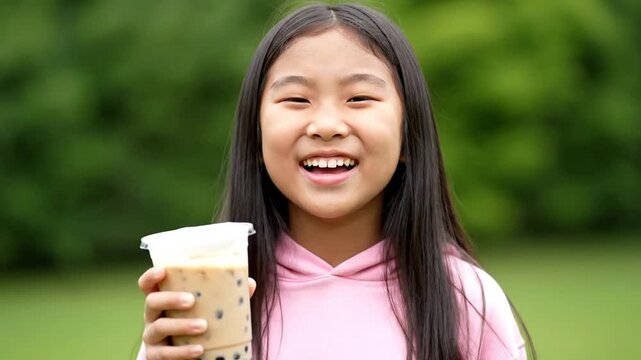 Smiling girl holding a bubble tea with black tapioca pearls in a clear plastic cup outdoors