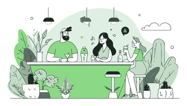 Modern Minimalist Cartoon Illustration of Friends at a Chill Bar Scene