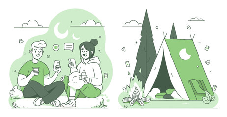 Fototapeta premium Camping Adventure Cartoon Illustration with Friends and Nature Elements