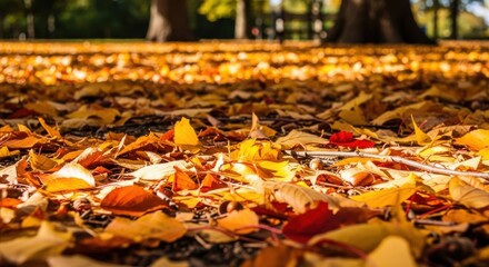 Golden autumn leaves, fall foliage, nature, ground, sunlight, peaceful outdoor scene