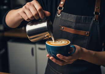 Barista coffee latte art milk cup pouring cafe apron hand warm morning drink skill