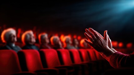 An emotional scene captures an elderly person's hands clapping in a dimly lit theater, presenting a poignant moment of appreciation and the joy of performance.