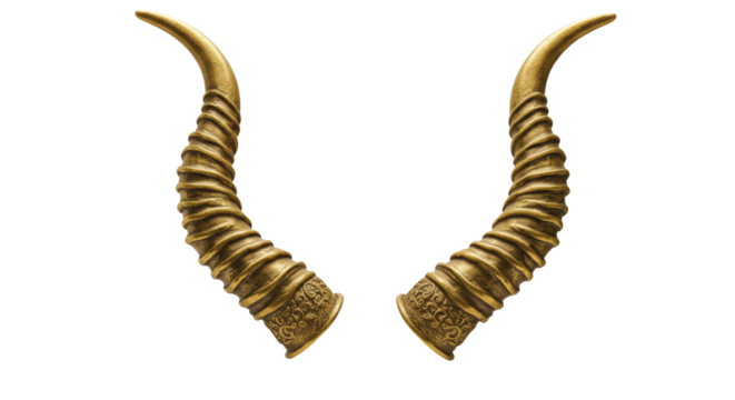Decorative golden curved animal horns isolated