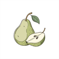 Hand drawn illustration of a whole pear and a halved pear with leaf