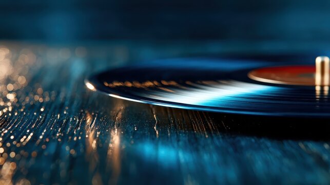A close-up of a vinyl record resting on a glossy surface, highlighting the intricate details and shimmering reflections that evoke nostalgia and artistic expression.