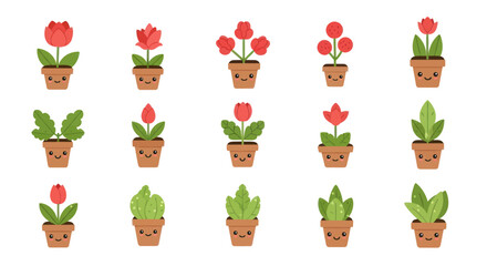 Cute Cartoon Potted Plants with Smiling Faces Vector Set.
