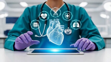 A professional woman in teal coat and gloves uses tablet with holographic heart and glowing medical icons, symbolizing ai healthcare medical technology - Powered by Adobe