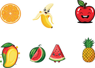 Fruit cartoon vector, orange, banana, apple, mango, watermelon, pineapple, cute faces, kids food, healthy snack, colorful illustration