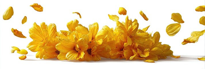 Yellow flower petals, scattered and suspended, against a white background