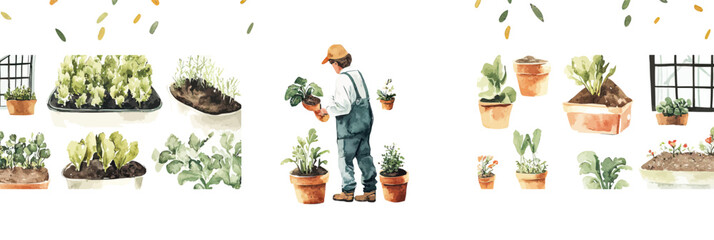 Watercolor illustration of gardener planting and taking care of potted plants with various green leafy vegetables and herbs in pots and beds on white background seamless pattern