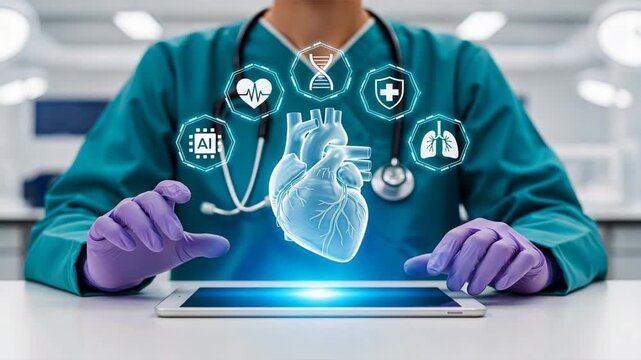 A professional woman in teal coat and gloves uses tablet with holographic heart and glowing medical icons, symbolizing ai healthcare medical technology - Powered by Adobe