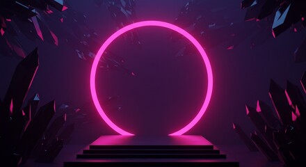 Pink neon circle portal glowing in dark crystal cave digital art