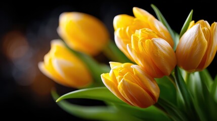 Obraz premium A stunning bouquet of bright yellow tulips radiates warmth and joy, perfect for adding a cheerful touch to any space or occasion, symbolizing love and friendship.